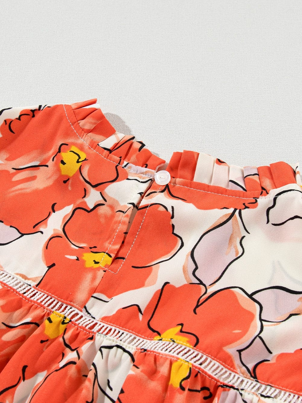 Elegant Orange Floral Ruffle Neck Puff Sleeve Blouse