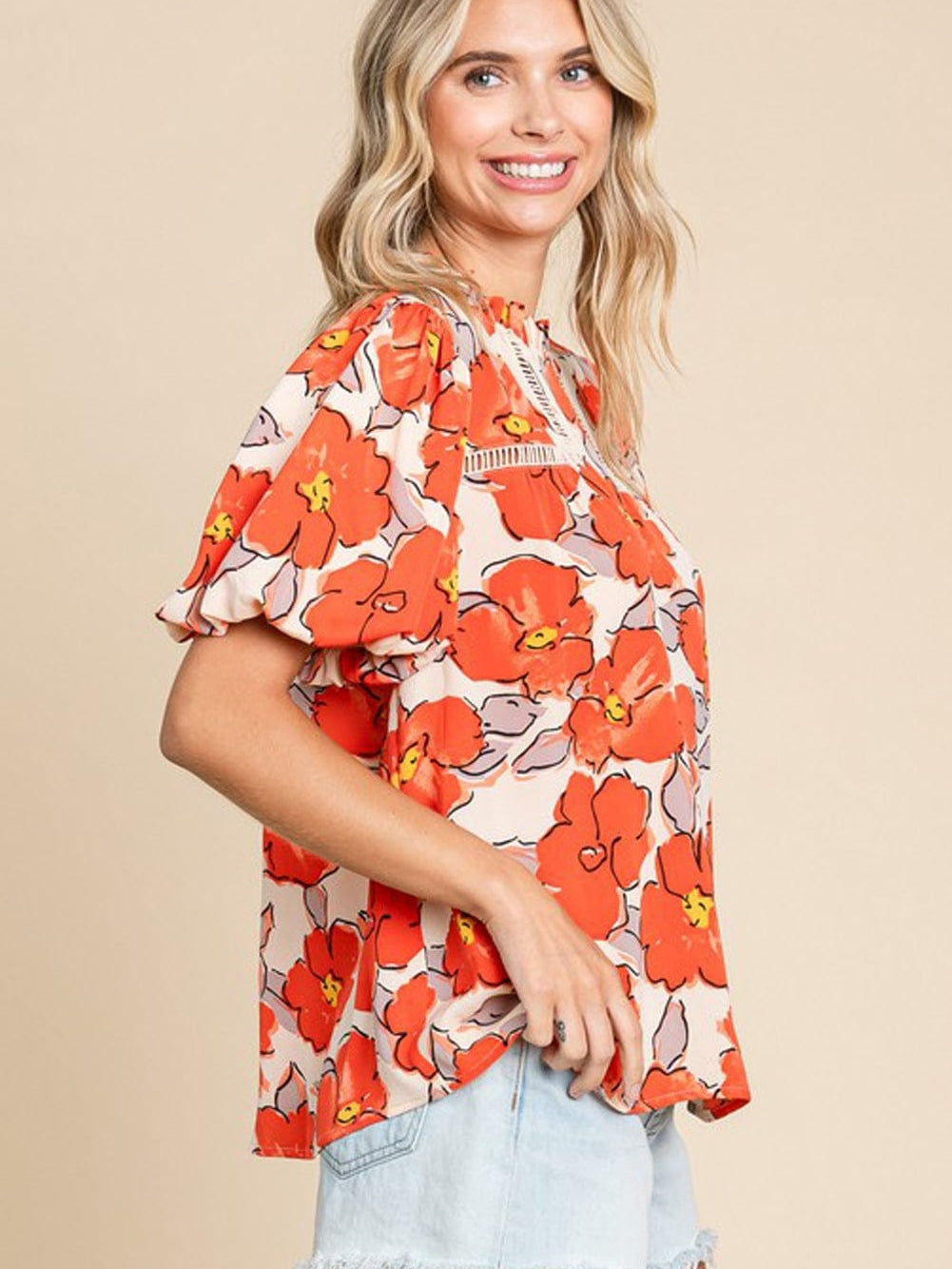 Elegant Orange Floral Ruffle Neck Puff Sleeve Blouse