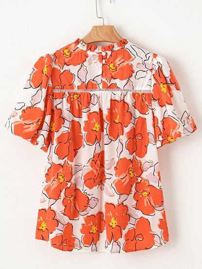 Elegant Orange Floral Ruffle Neck Puff Sleeve Blouse