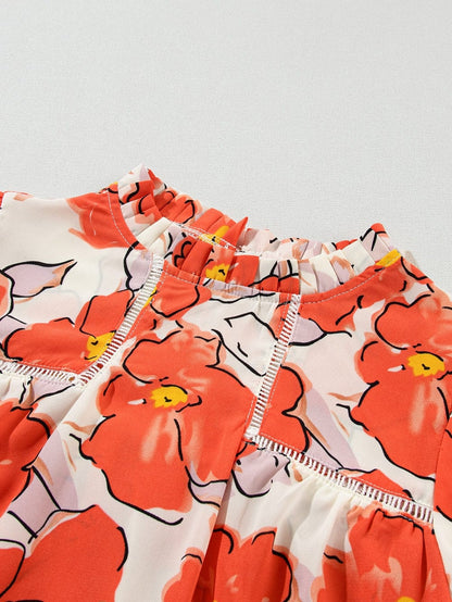Elegant Orange Floral Ruffle Neck Puff Sleeve Blouse