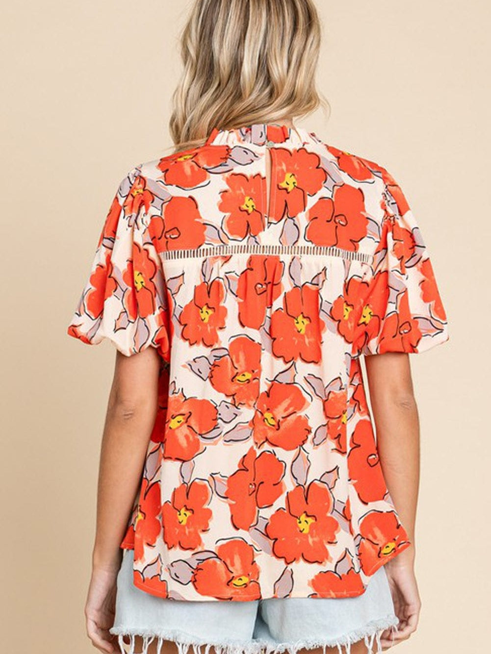 Elegant Orange Floral Ruffle Neck Puff Sleeve Blouse
