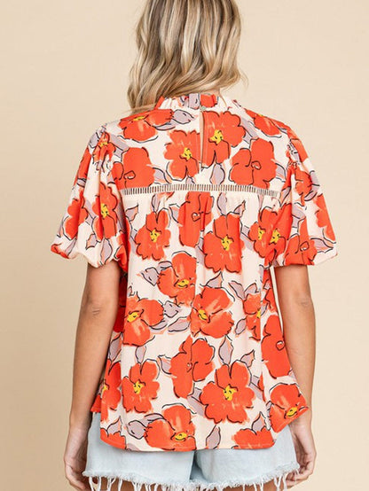 Elegant Orange Floral Ruffle Neck Puff Sleeve Blouse