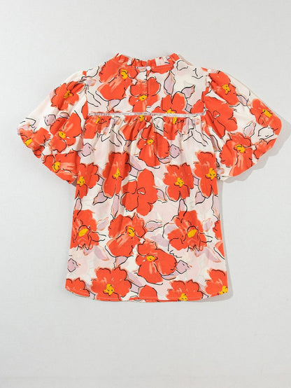 Elegant Orange Floral Ruffle Neck Puff Sleeve Blouse