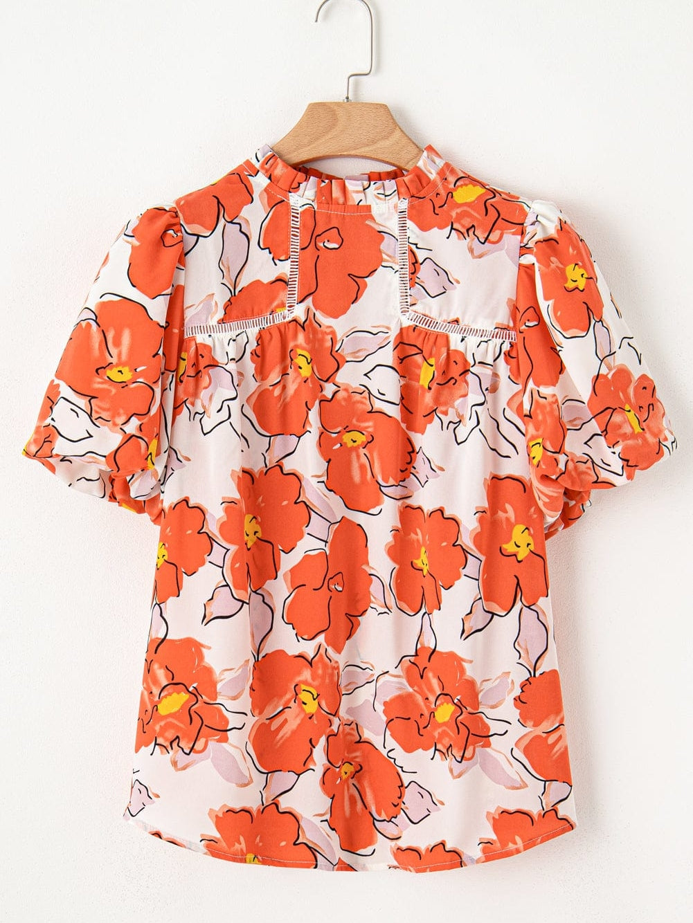 Elegant Orange Floral Ruffle Neck Puff Sleeve Blouse
