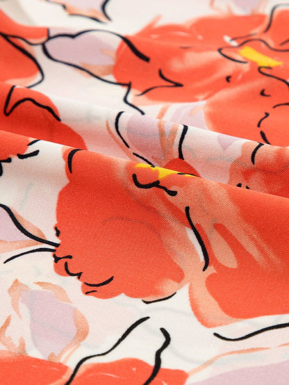 Elegant Orange Floral Ruffle Neck Puff Sleeve Blouse