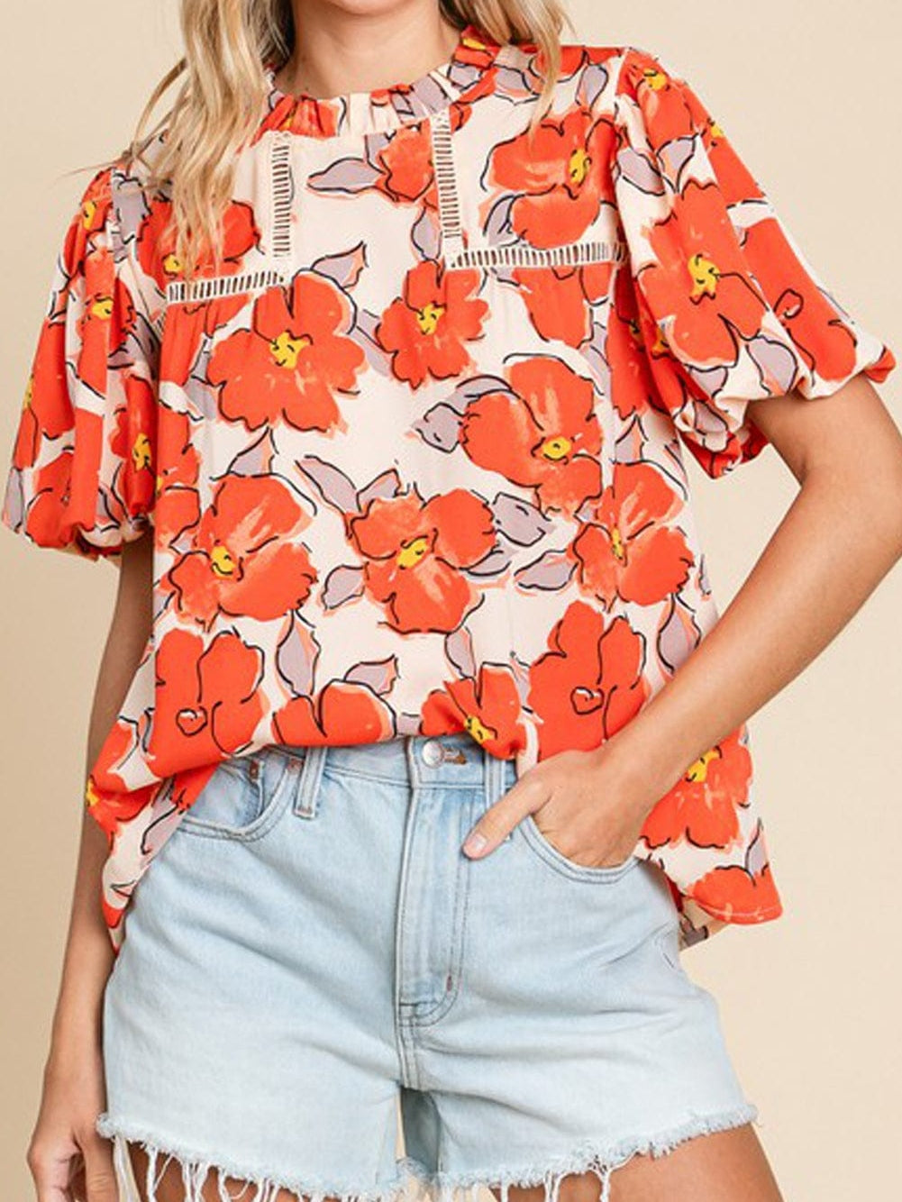 Elegant Orange Floral Ruffle Neck Puff Sleeve Blouse
