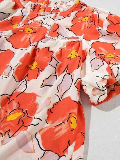 Elegant Orange Floral Ruffle Neck Puff Sleeve Blouse