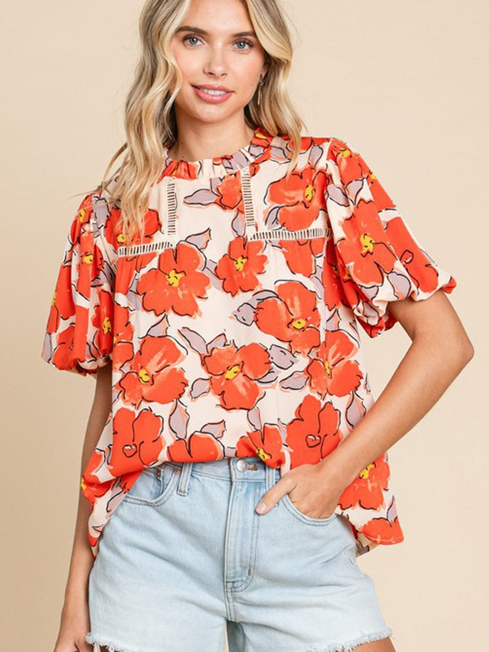 Elegant Orange Floral Ruffle Neck Puff Sleeve Blouse