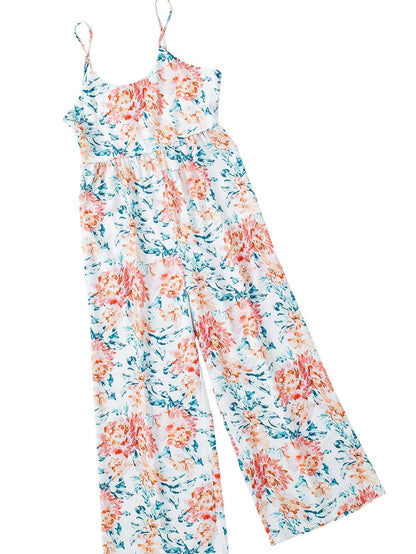 Elegant Orange Floral Wide Leg Jumpsuit with Spaghetti Straps