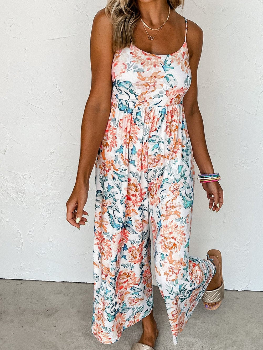 Elegant Orange Floral Wide Leg Jumpsuit with Spaghetti Straps