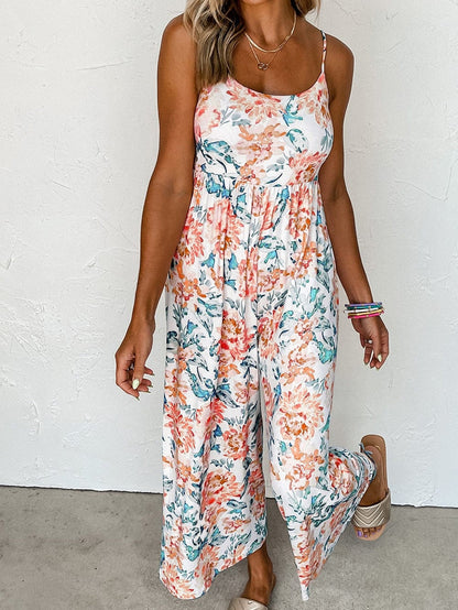 Elegant Orange Floral Wide Leg Jumpsuit with Spaghetti Straps