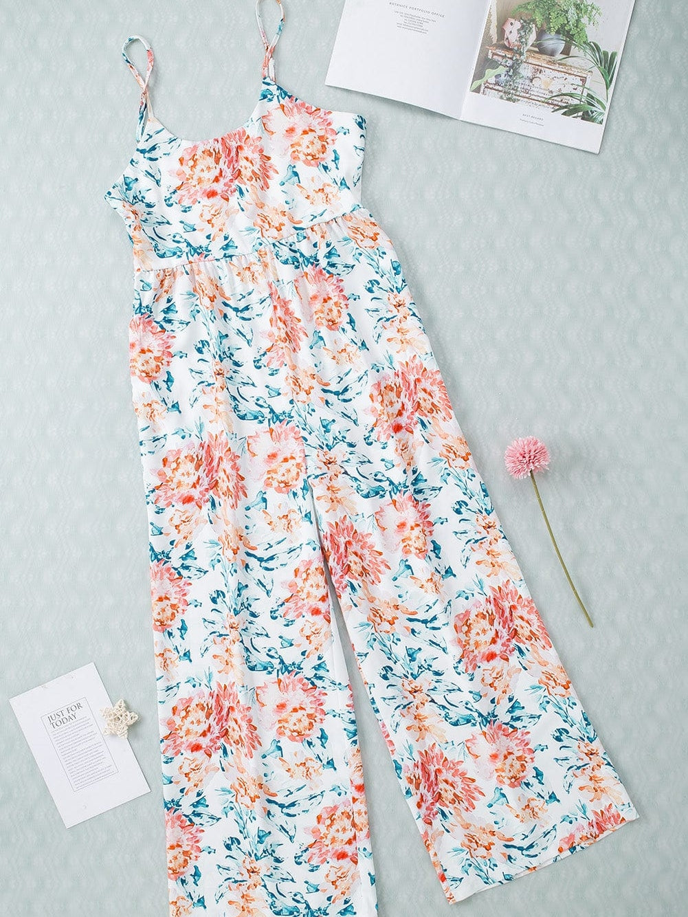 Elegant Orange Floral Wide Leg Jumpsuit with Spaghetti Straps