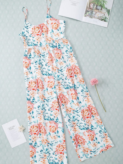 Elegant Orange Floral Wide Leg Jumpsuit with Spaghetti Straps