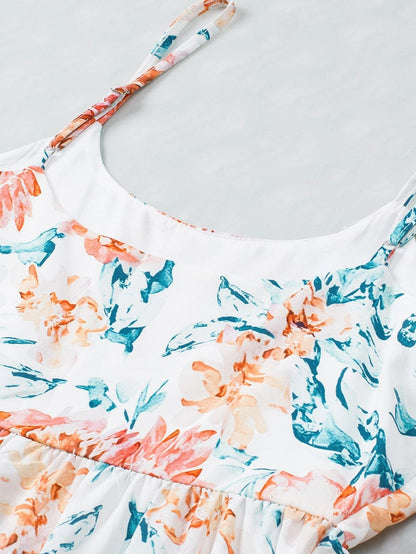 Elegant Orange Floral Wide Leg Jumpsuit with Spaghetti Straps