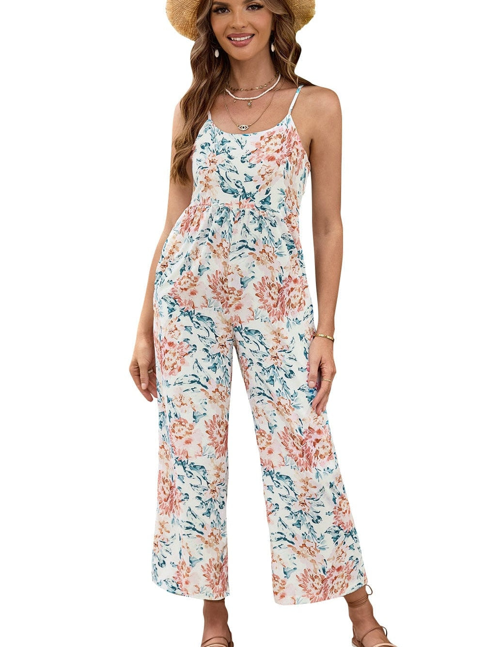 Elegant Orange Floral Wide Leg Jumpsuit with Spaghetti Straps