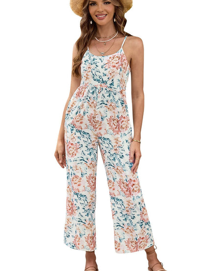 Elegant Orange Floral Wide Leg Jumpsuit with Spaghetti Straps