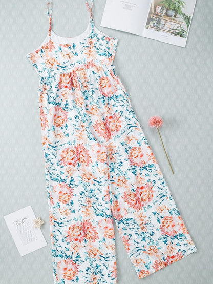 Elegant Orange Floral Wide Leg Jumpsuit with Spaghetti Straps