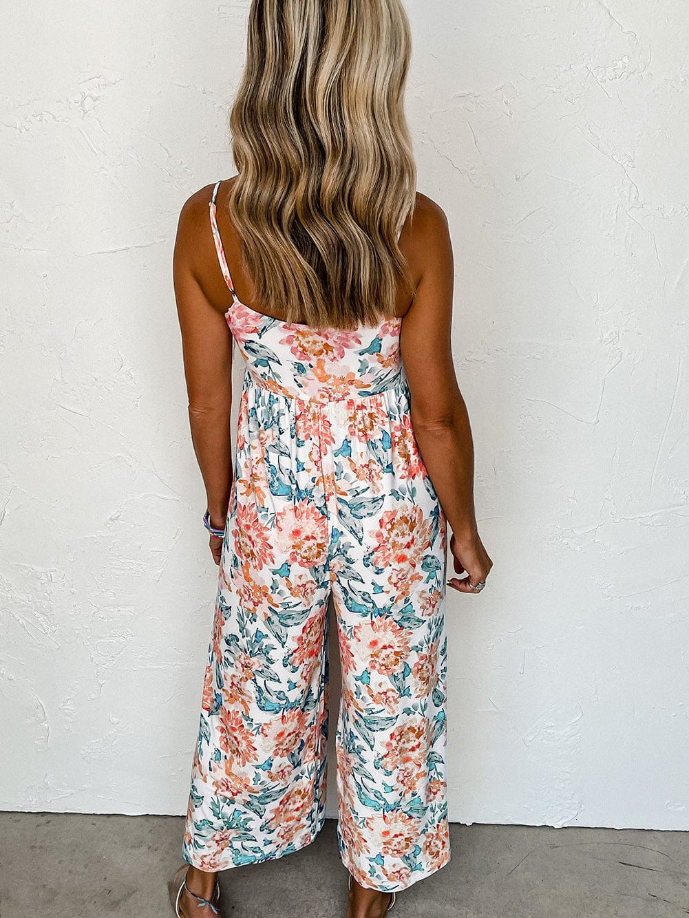 Elegant Orange Floral Wide Leg Jumpsuit with Spaghetti Straps