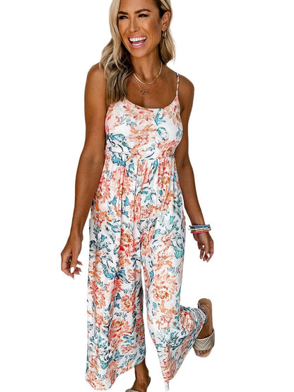 Elegant Orange Floral Wide Leg Jumpsuit with Spaghetti Straps