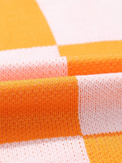 Elegant Orange Plaid Bishop Sleeve Sweater