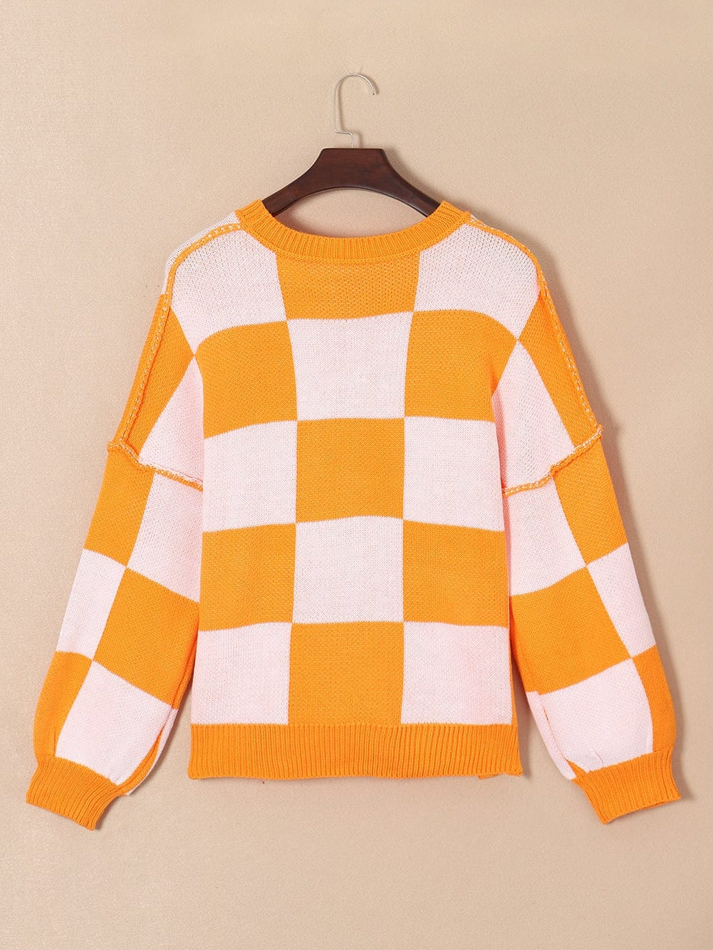 Elegant Orange Plaid Bishop Sleeve Sweater