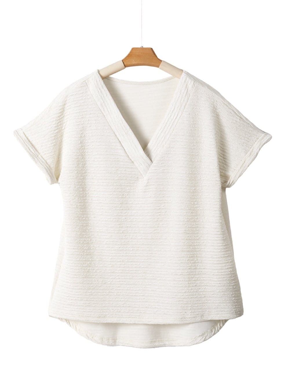 Elegant Pale Khaki Textured V Neck T-shirt with Wide Sleeves