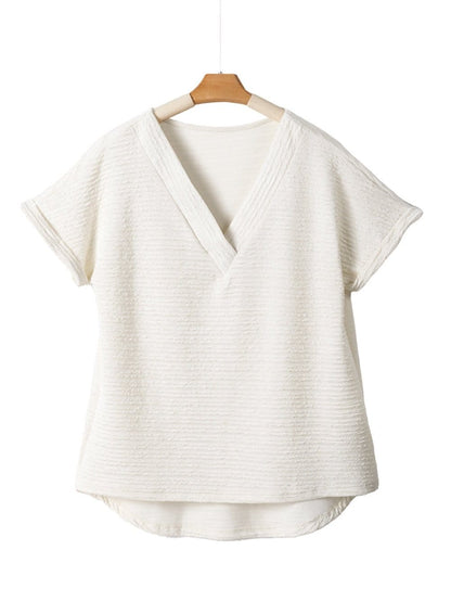 Elegant Pale Khaki Textured V Neck T-shirt with Wide Sleeves