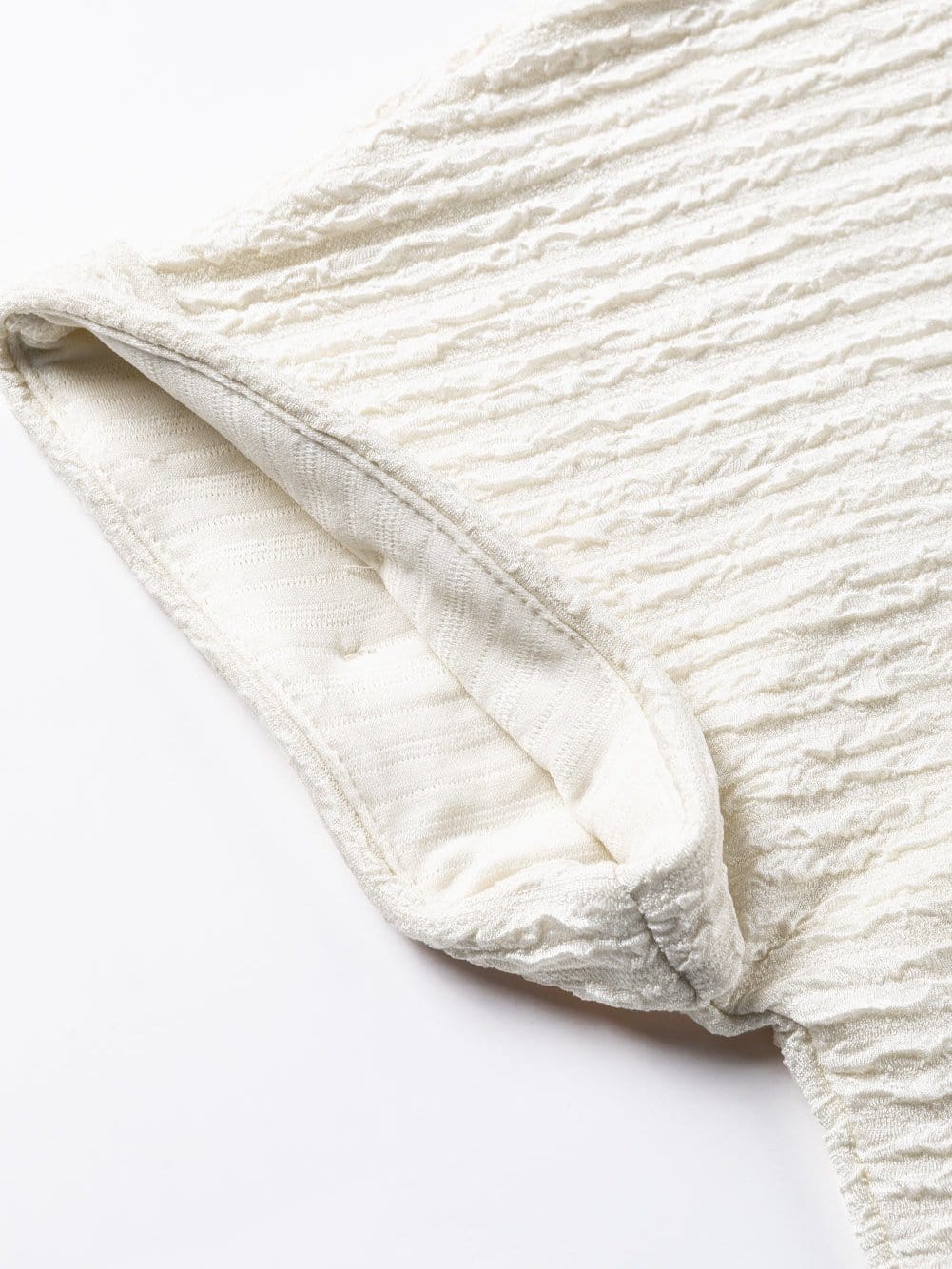 Elegant Pale Khaki Textured V Neck T-shirt with Wide Sleeves