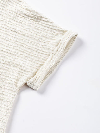 Elegant Pale Khaki Textured V Neck T-shirt with Wide Sleeves