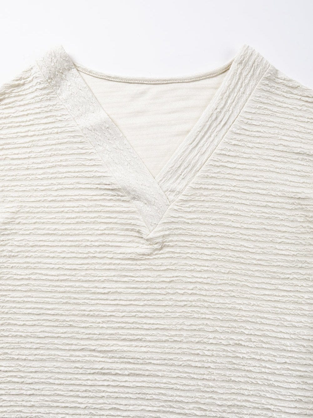 Elegant Pale Khaki Textured V Neck T-shirt with Wide Sleeves