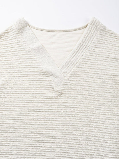 Elegant Pale Khaki Textured V Neck T-shirt with Wide Sleeves