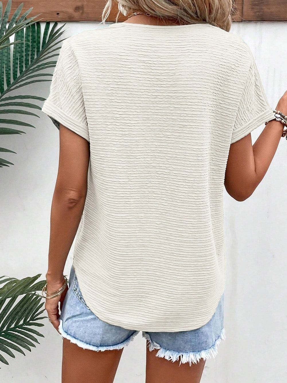 Elegant Pale Khaki Textured V Neck T-shirt with Wide Sleeves