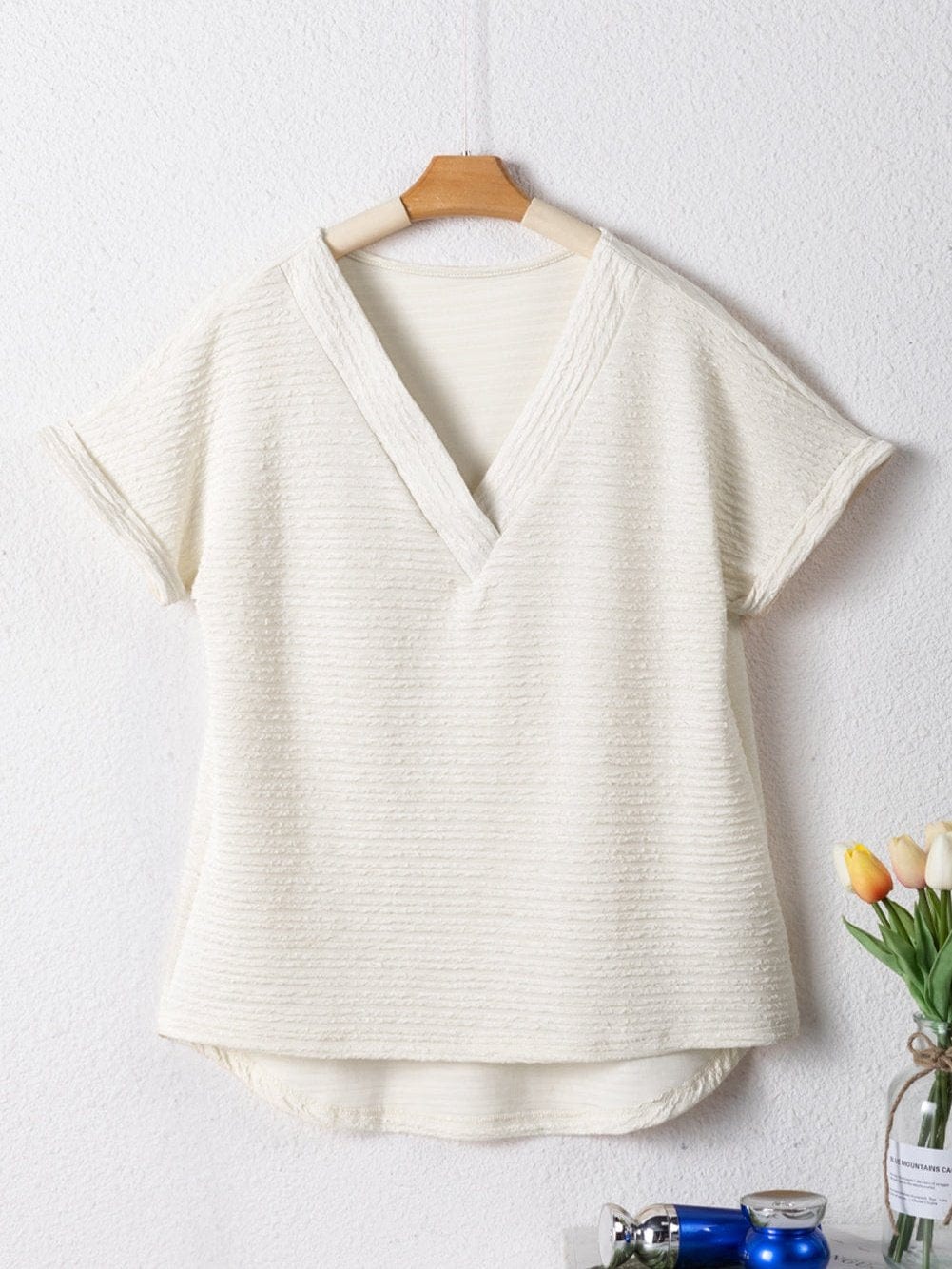 Elegant Pale Khaki Textured V Neck T-shirt with Wide Sleeves