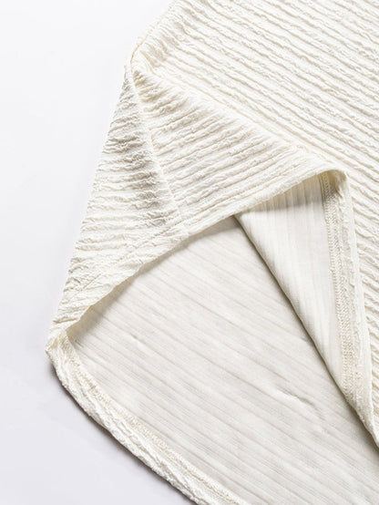 Elegant Pale Khaki Textured V Neck T-shirt with Wide Sleeves