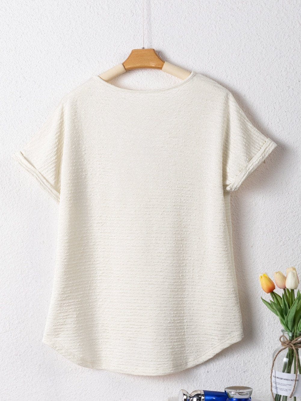 Elegant Pale Khaki Textured V Neck T-shirt with Wide Sleeves