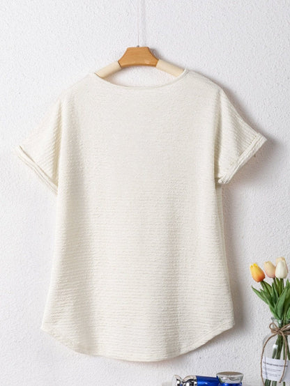 Elegant Pale Khaki Textured V Neck T-shirt with Wide Sleeves