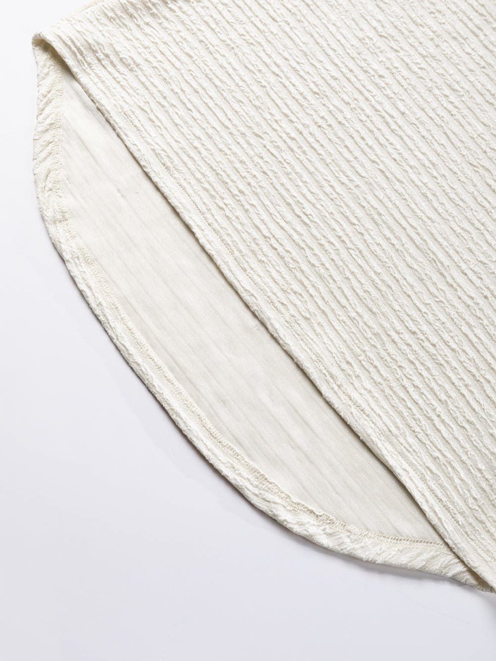 Elegant Pale Khaki Textured V Neck T-shirt with Wide Sleeves