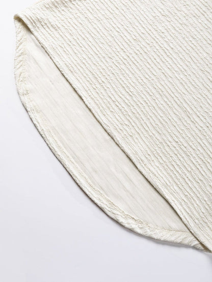 Elegant Pale Khaki Textured V Neck T-shirt with Wide Sleeves