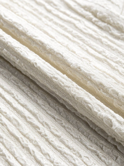 Elegant Pale Khaki Textured V Neck T-shirt with Wide Sleeves