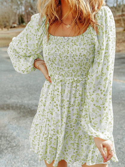 Elegant Pear Green Smocked Floral Mini Dress with Puff Sleeves
