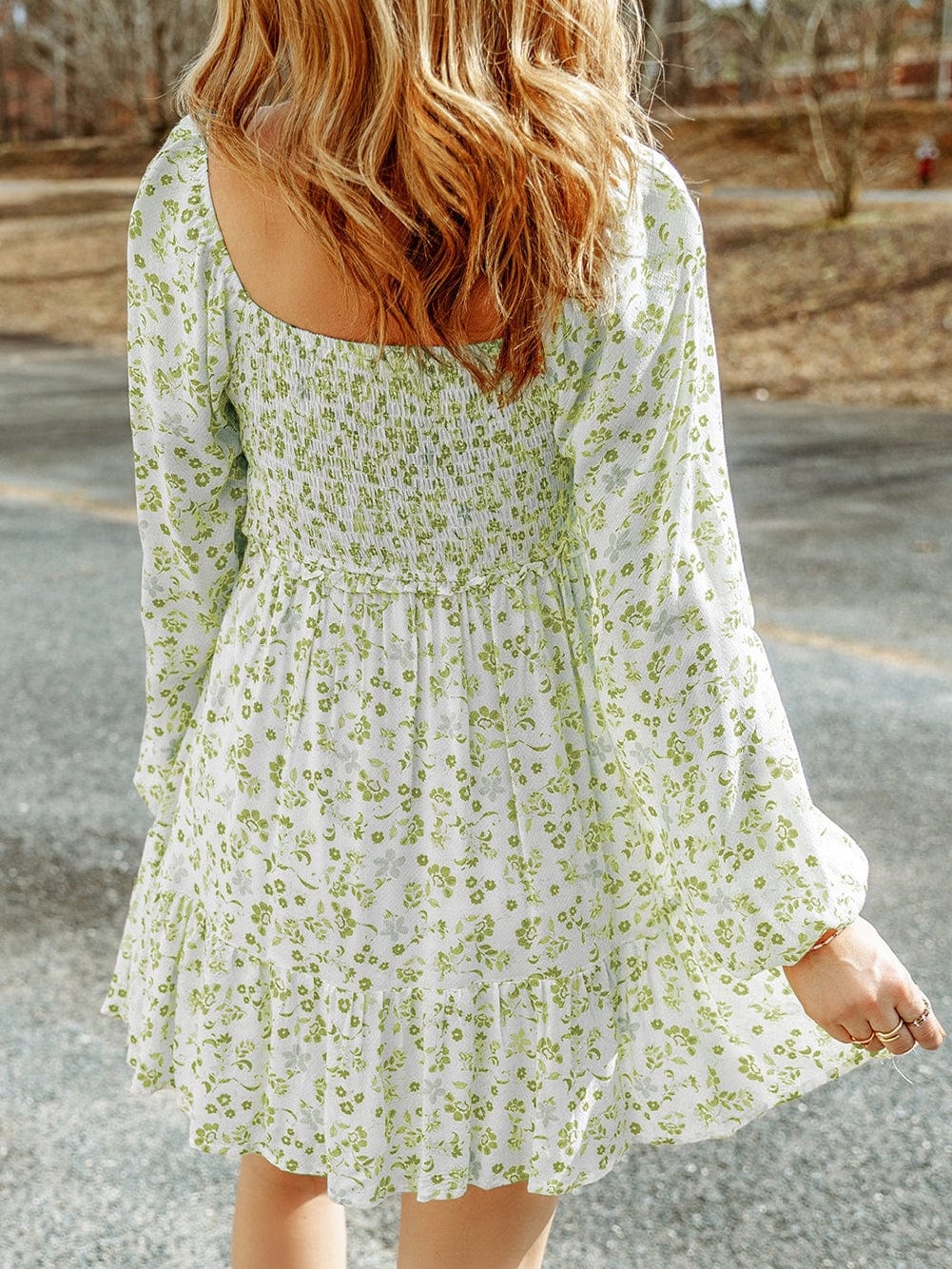 Elegant Pear Green Smocked Floral Mini Dress with Puff Sleeves