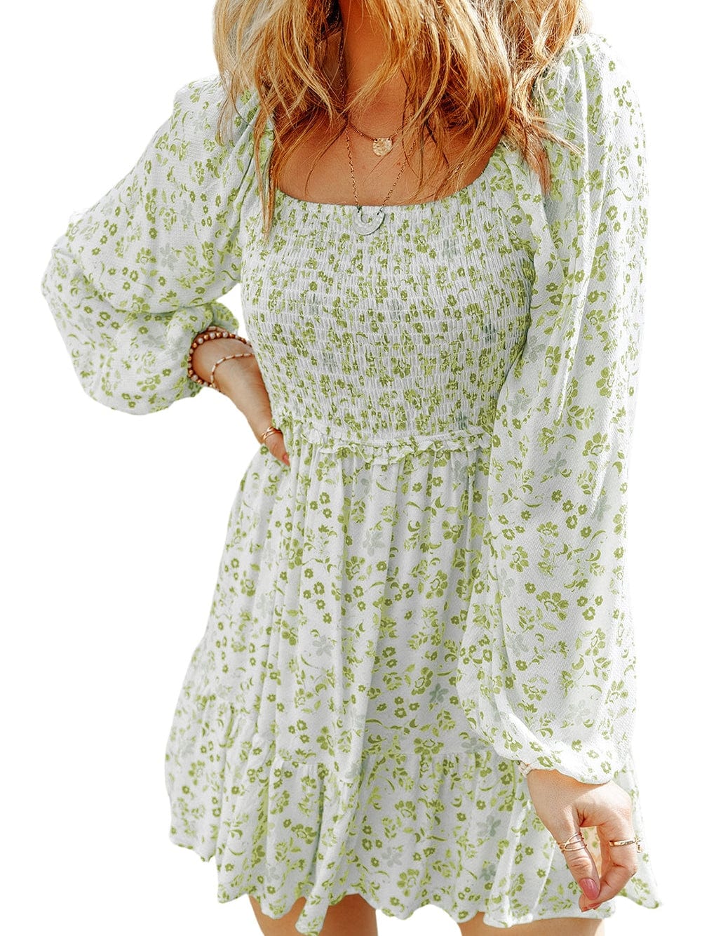 Elegant Pear Green Smocked Floral Mini Dress with Puff Sleeves