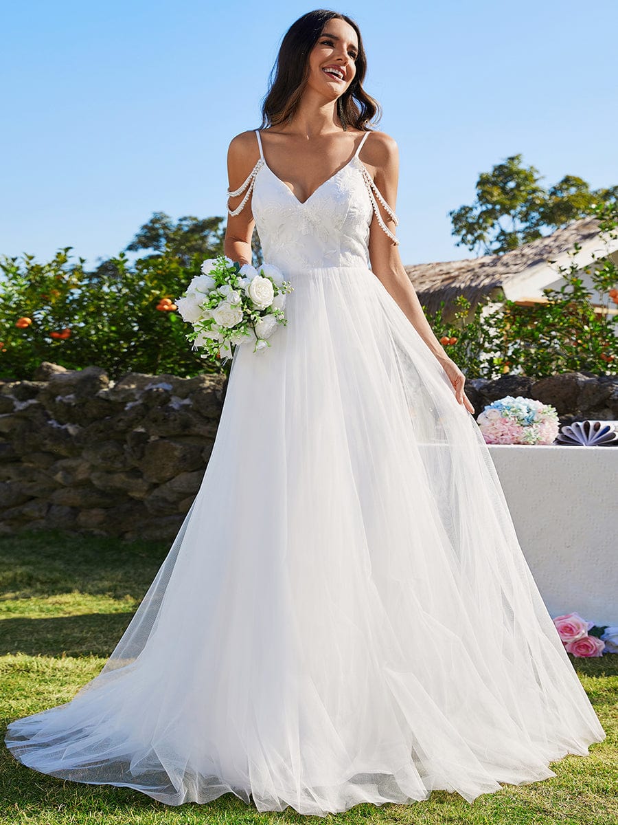 Elegant Pearl Embroidered Wedding Gown with Spaghetti Straps