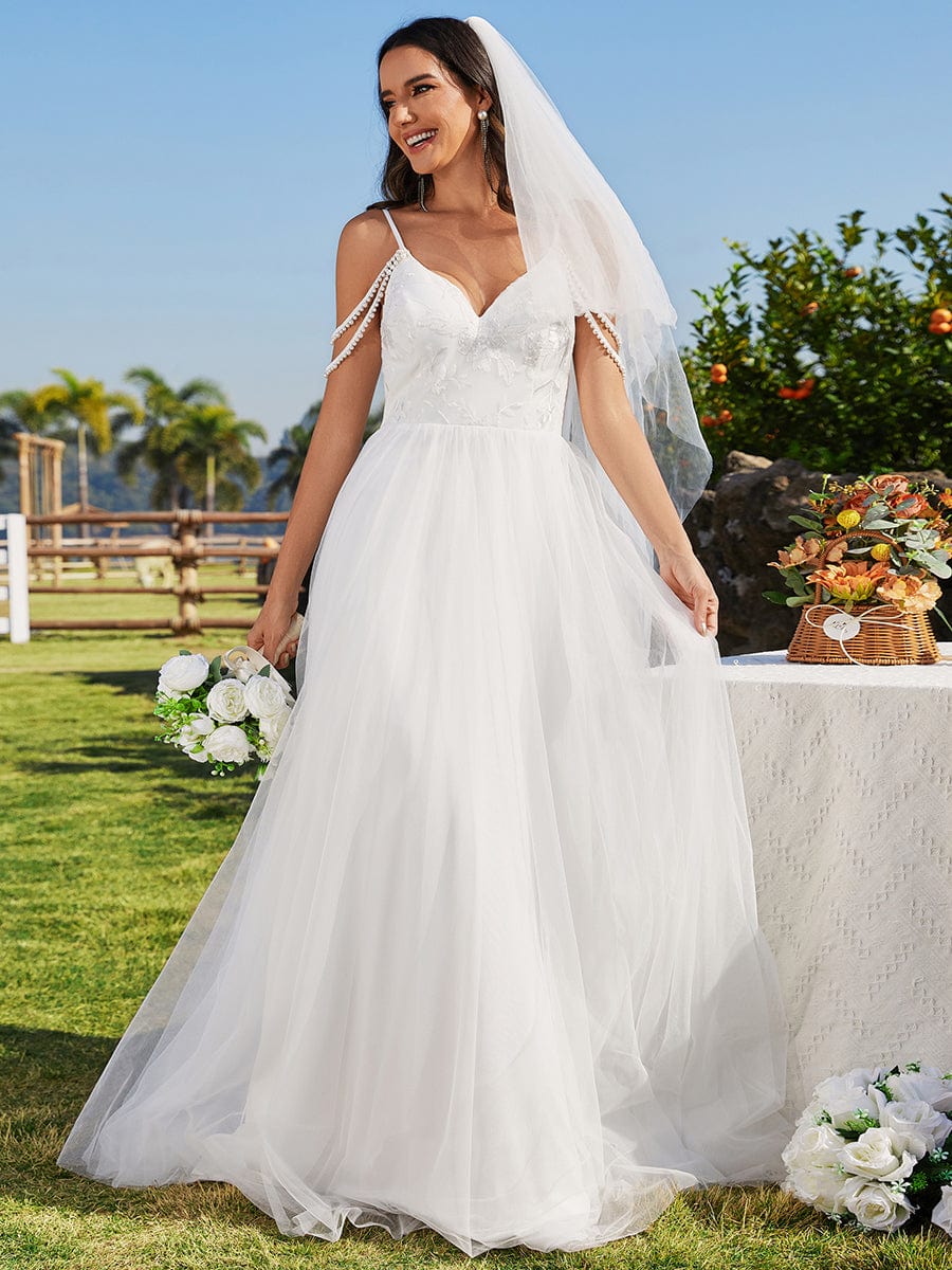 Elegant Pearl Embroidered Wedding Gown with Spaghetti Straps