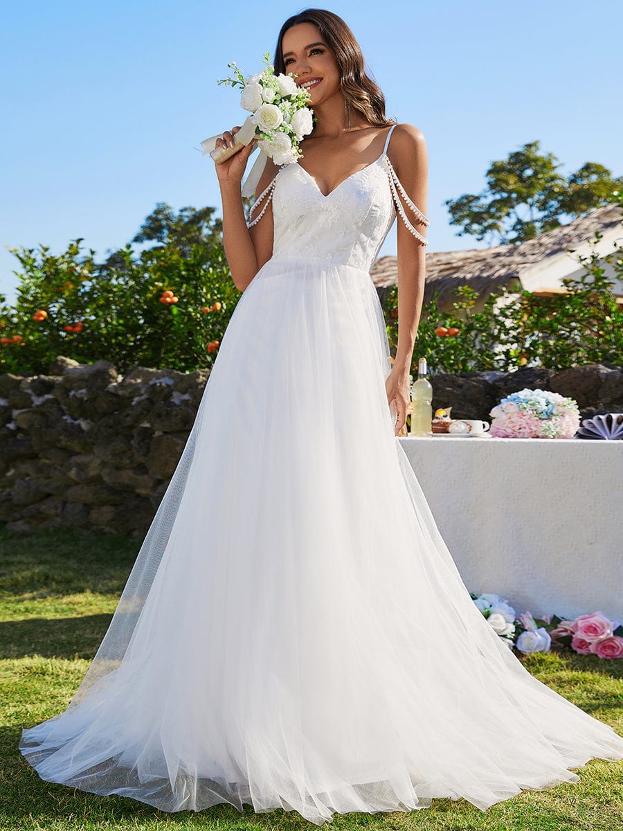 Elegant Pearl Embroidered Wedding Gown with Spaghetti Straps