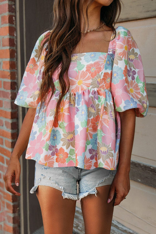 Elegant Pink Floral Babydoll Blouse with Puff Sleeves