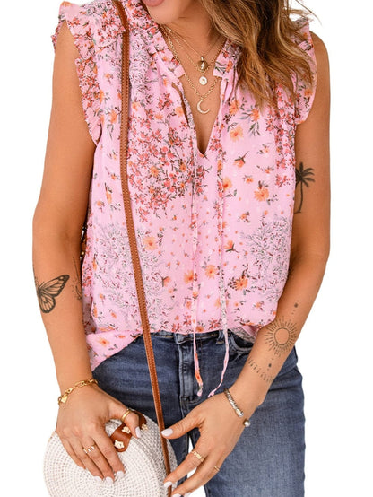 Elegant Pink Floral Bohemian Top with Ruffle Details