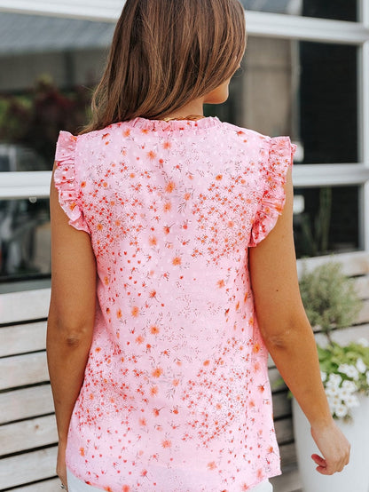 Elegant Pink Floral Bohemian Top with Ruffle Details