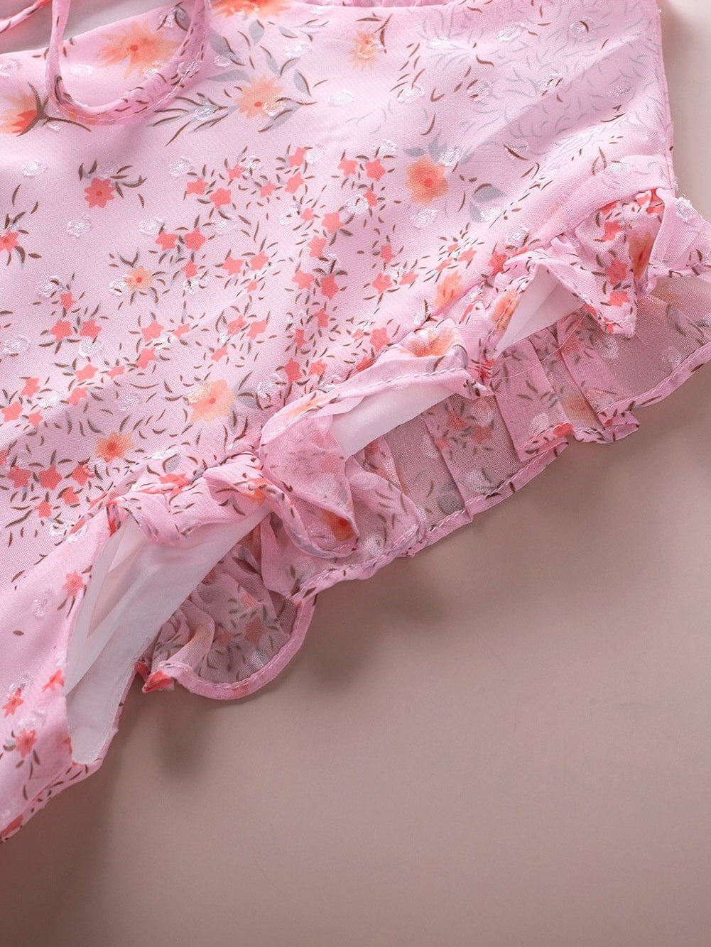 Elegant Pink Floral Bohemian Top with Ruffle Details