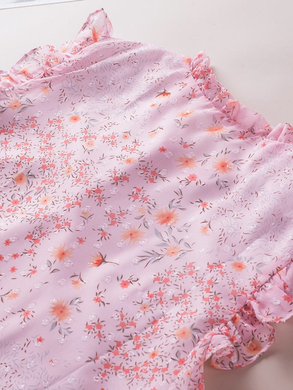 Elegant Pink Floral Bohemian Top with Ruffle Details